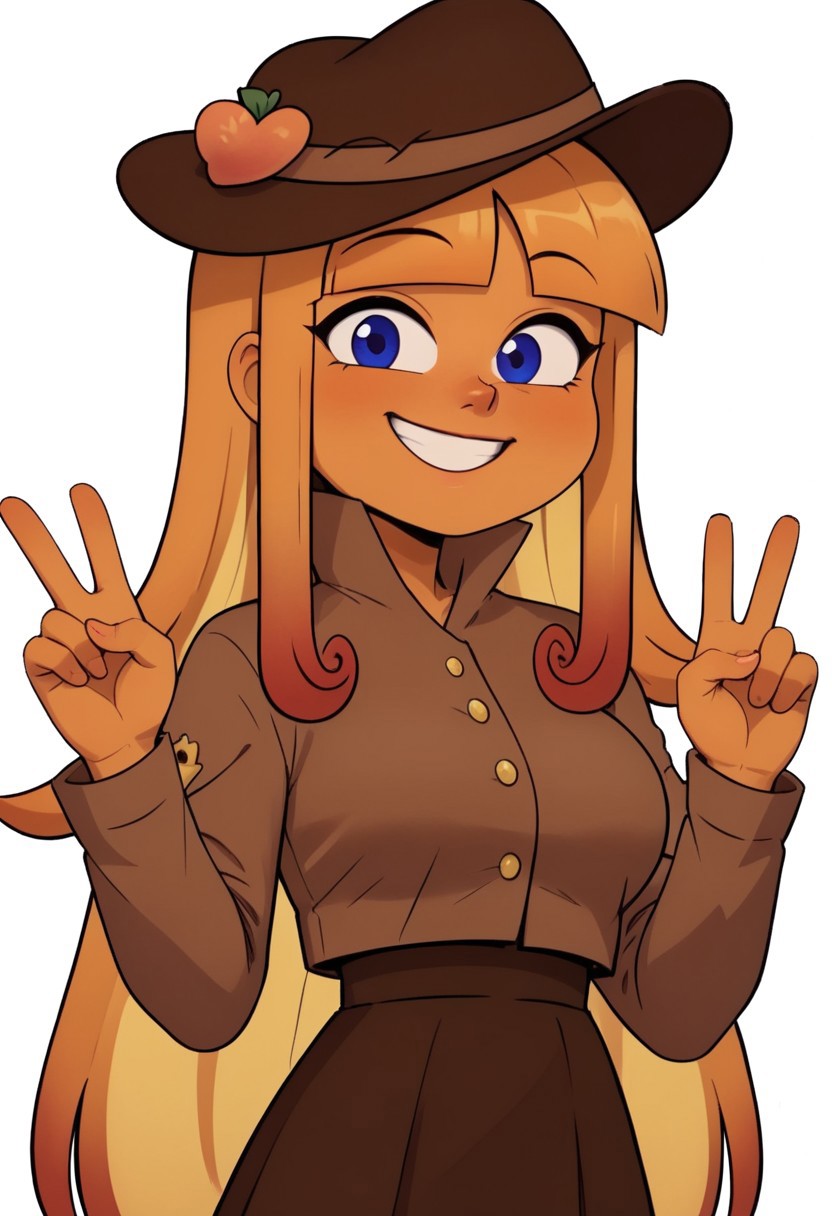 ((bedroom background)),score_9, score_8_up, score_7_up,score_6_up, 
1girl, Solo, Pessy_MT, orange skin, long hair, bangs, orange hair, dark blue eyes, pointy nose, brown hat with peach patch, light brown jacket, brown skirt, black ballet flats, big eyes, tall stature, social smile, perfect eyes, perfect smile, looking at the viewer, big breasts, detailed eyes, perfect eyes, cute, standing, (front pose, bust shot, close up to face, face portrait:1) 5 fingers, perfect hands, hand up symbol peace