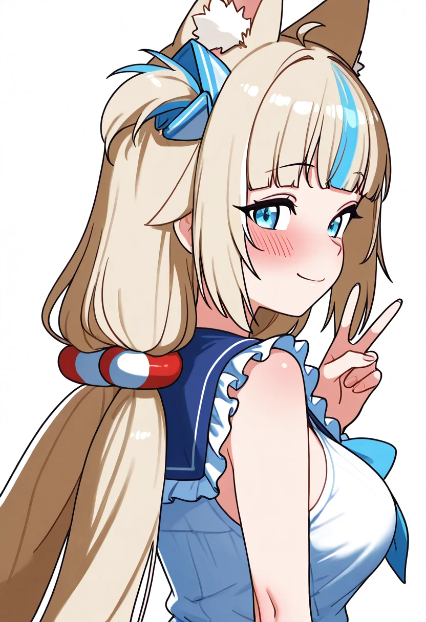masterpiece, best quality, 1girl, solo, eyelashes, anime screenshot, zzSaba, looking at viewer, blush, smile, v, simple background, hair ornament, white background, upper body, frills, sleeveless, looking back, sailor collar, from behind, blue sailor collar, large breasts, ,<lora:SamekoSaba_IXL_v1:1.0>,