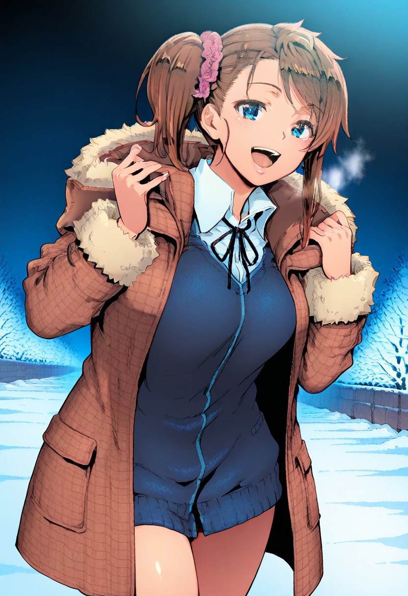 source_manga, best quality,masterpiece, Master piece, illucinemic lighting, shinozuka_yuuji's style, 1girl, young girl, brown hair, side ponytail, blue eyes, brown coat with fur hood, fur sleeve, blue cardigan, hair ornament, standing, smile, open mouth, snowy background, street