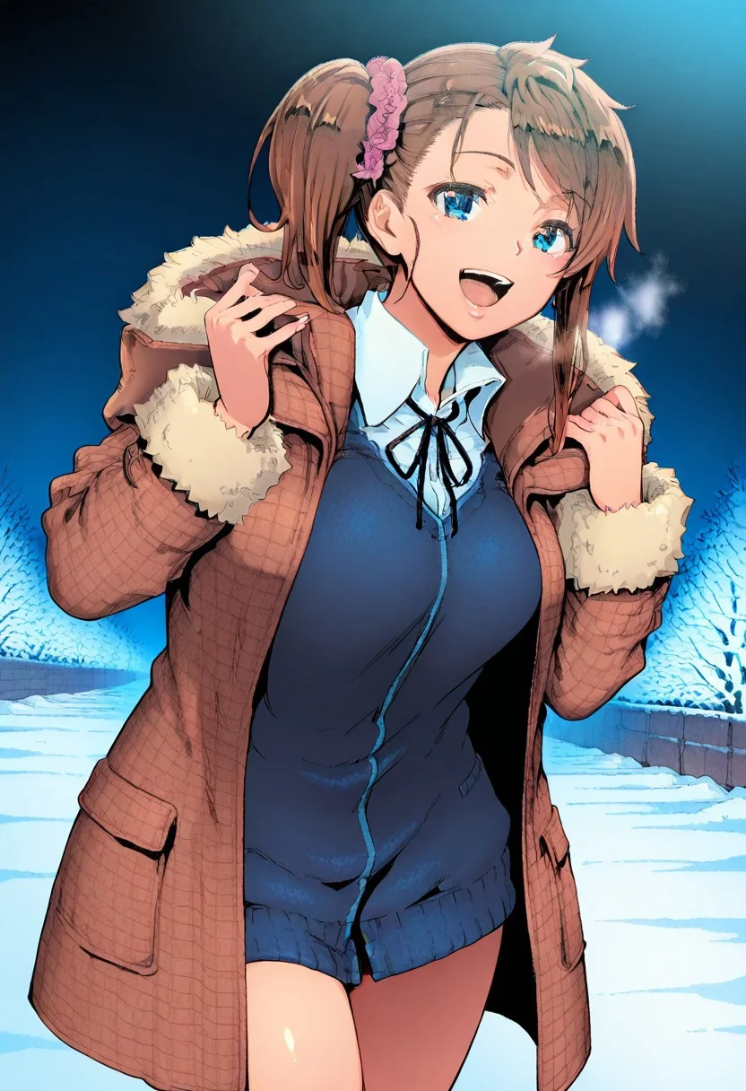 source_manga, best quality,masterpiece, Master piece, illucinemic lighting, shinozuka_yuuji's style, 1girl, young girl, brown hair, side ponytail, blue eyes, brown coat with fur hood, fur sleeve, blue cardigan, hair ornament, standing, smile, open mouth, snowy background, street