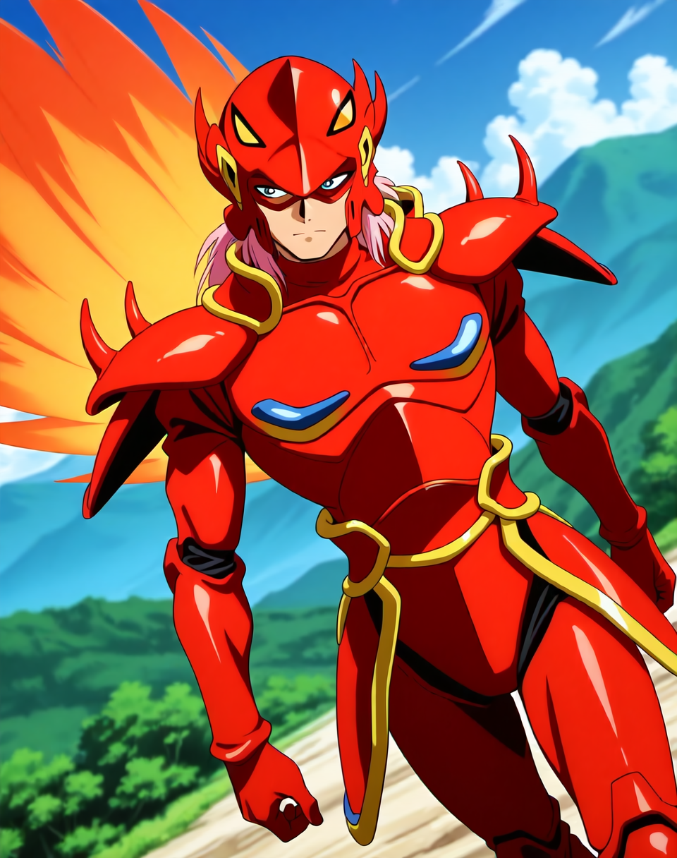 <lora:Mushra_(Shinzo)_(Illustrious)_(AD):1.35> Mushra, phoenix armor, Shinzo, 
exterior, vivid anime blue sky with detailed clouds, mountains, nature, dynamic action, dutch angle, chest focus, male focus, head turned to side, bent leg, glossy armor, 
BREAK: very awe, aesthetically pleasing, masterpiece, best quality, amazing quality, very aesthetic, perfect depth of field shot, absurd details, source_anime, masterclass anime, 
BREAK: lazypos (3),