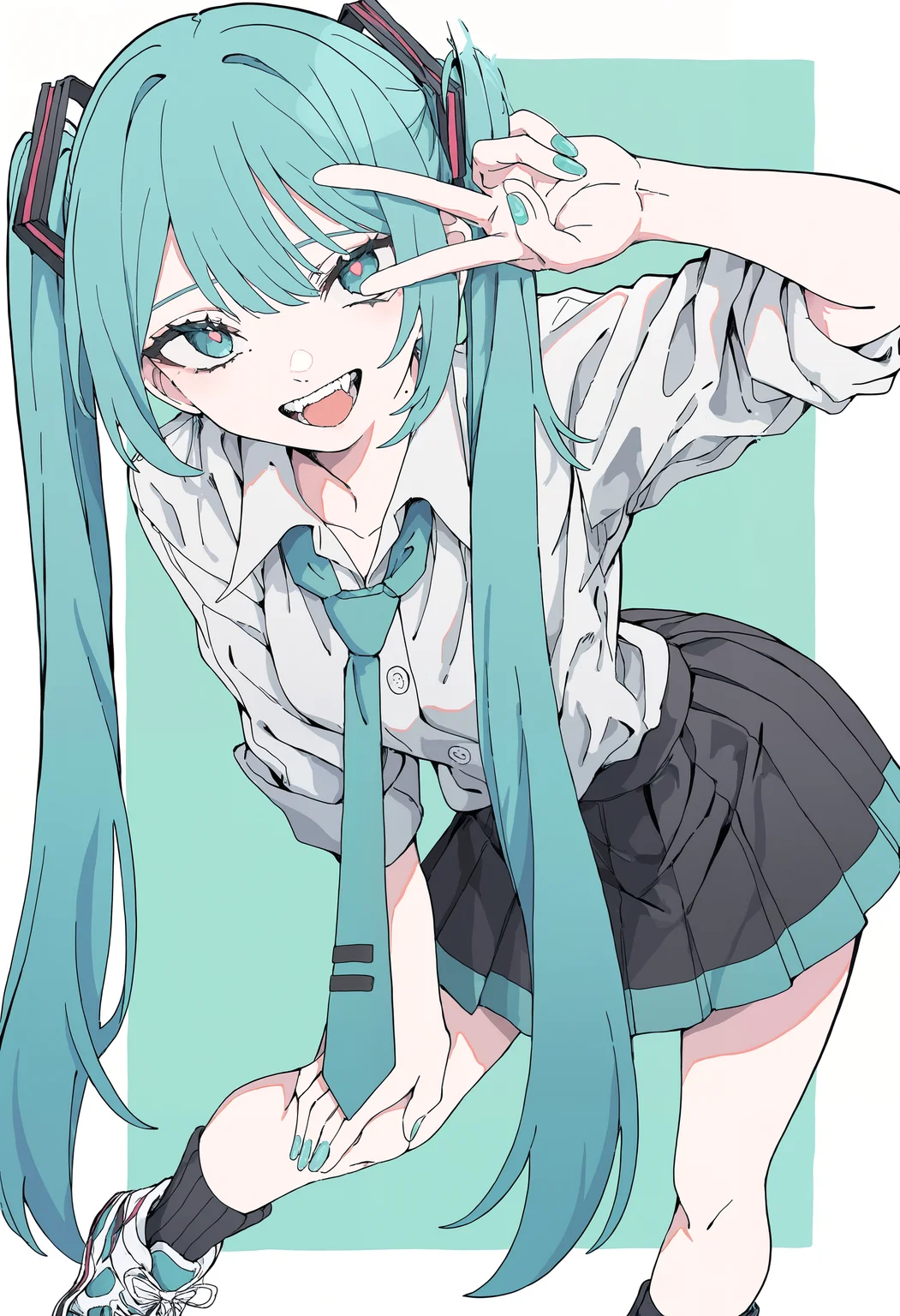 masterpiece, absurdres, newest, very awa, 1girl, solo, hatsune miku, very long hair, aqua hair, twintails, white shirt, sleeves rolled up, pleated skirt, sneakers, necktie, v, hand over one eye, bent over, hand on own knee, :D, aqua background, two-tone background, face focus, perspective, <lora:ponyv4_noob1_2_adamW-000017>, <lora:spo_sdxl_10ep_4k-data_lora_webui>,