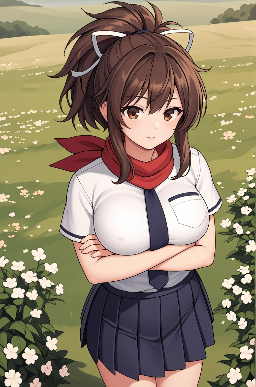 anime artwork score_9, score_8_up, score_7_up, score_6_up, score_5_up, score_4_up, source_anime, BREAK, thick outline, fat outline,
Asuka_XL, brown eyes, brown hair, ponytail, white ribbon, red scarf, large breasts, BREAK, asuka_school_clothes, skirt, white shirt, pleated skirt, necktie, short sleeves, BREAK, crossed hands, field, flowers, flying petals,
<lora:Asuka_XL:0.7>
<lora:PersonalAmi_PonyXL:1.0>
