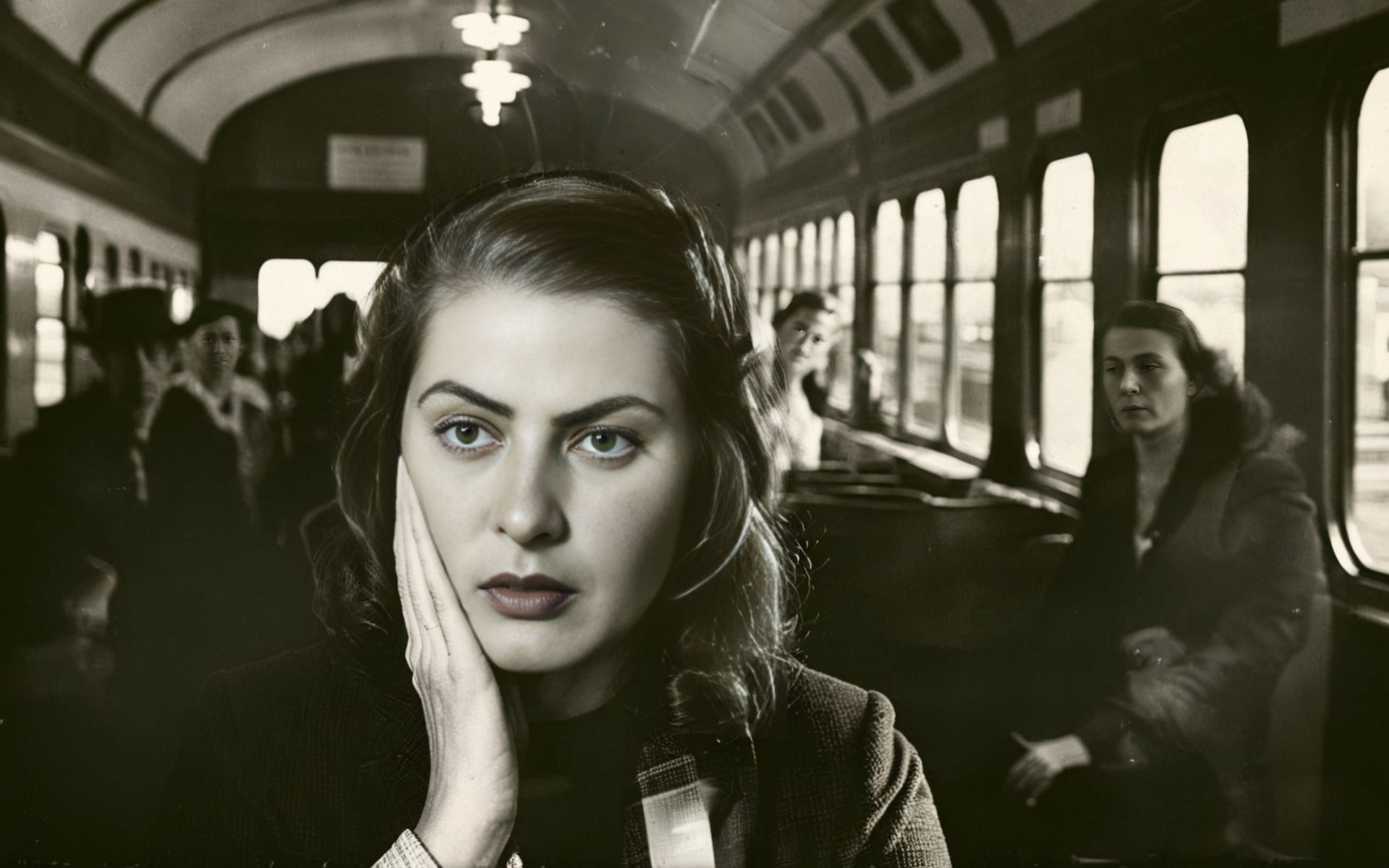 A clock tower bending over to whisper secrets to a passing train. -- <lora:CBS_novuschroma37 style_b:1> Light Distortion  <lora:Ingrid Bergman SDXL:1> Woman looking worried