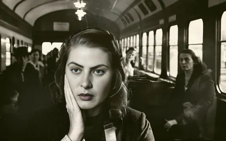 A clock tower bending over to whisper secrets to a passing train. -- <lora:CBS_novuschroma37 style_b:1> Light Distortion <lora:Ingrid Bergman SDXL:1> Woman looking worried