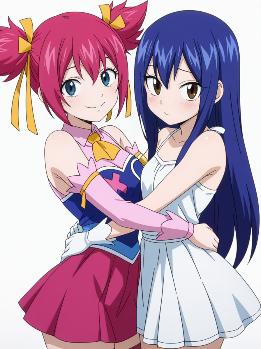 masterpiece, best quality, amazing quality, very aesthetic, absurdres, newest, anime screenshot,  anime screenshot,   simple background,  white background,  looking at viewer, 2girls side-by-side, hug from side,
BREAK <lora:SherriaBlendyIllust:0.8>sherriablendyillust, twintails, 1girl, ribbon, blue eyes, hair ribbon, pink hair, short twintails, skirt, thighhighs, yellow ribbon detached sleeves,  white gloves,  smile 
BREAK wendy marvell,  white_dress