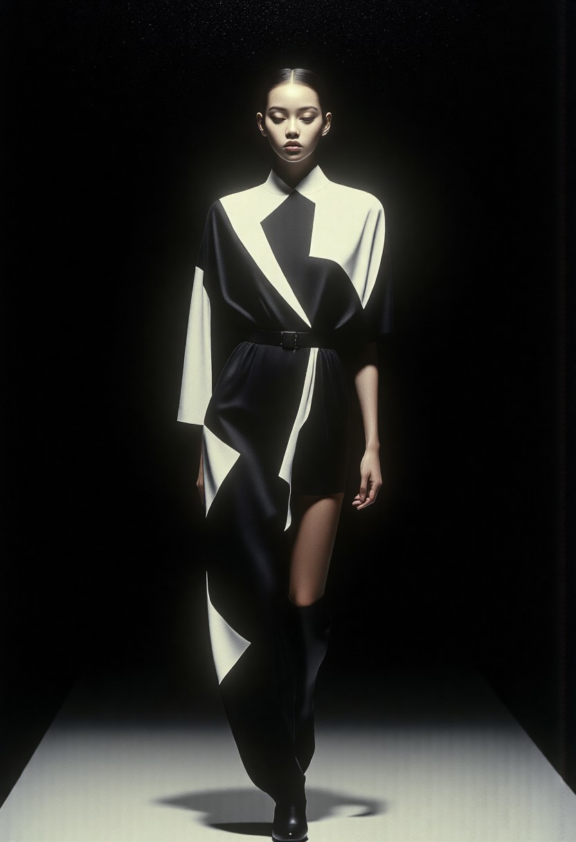 A female fashion model walks confidently down a dark runway wearing a high-contrast black and white geometric patterned dress. The model's figure is illuminated by bright flash photography against a completely black background. The image has a distinctive 1990s grain texture overlay, giving it a vintage aesthetic. The model is captured mid-stride, with one foot forward, displaying the full length of the dress. Fashion photography with direct flash lighting and film grain effect on black background.