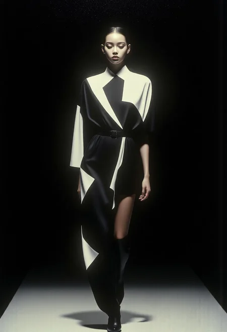 A female fashion model walks confidently down a dark runway wearing a high-contrast black and white geometric patterned dress. The model's figure is illuminated by bright flash photography against a completely black background. The image has a distinctive 1990s grain texture overlay, giving it a vintage aesthetic. The model is captured mid-stride, with one foot forward, displaying the full length of the dress. Fashion photography with direct flash lighting and film grain effect on black background.