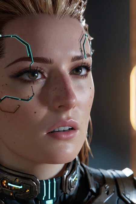 <lora:Meredith_Stout_from_Cyberpunk_2077_101:0.7> meredith101cyberpunk freckles cinematic photo looking at viewer as a cyborg knight wires and electric components circuit bored , expression, , finely detailed eyes, epic scene, epic composition, Photography, Cinematic Lighting, Volumetric Lighting, ethereal light, intricate details, extremely detailed volumetric rays 35mm photograph, film, bokeh, professional, 4k, highly detailed