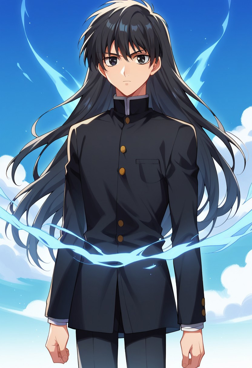 score_9, score_8_up, score_7_up, source_anime, highly detailed,
YuriShibuya, solo, 1boy, male focus, school uniform, gakuran, black hair, upper body, long sleeves, standing, pants, black eyes, black pants, long hair, aura, serious, blue aura, floating hair, menacing,
outdoor, sky,