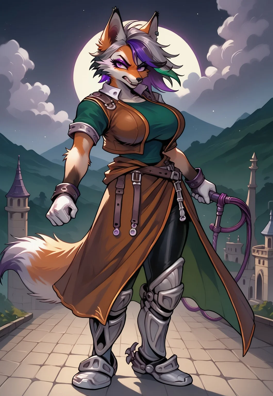 safe_pos, score_9, score_8_up, score_7_up, score_6_up, source_furry, female furry, muscular, natgra, steel greaves, brown skirt, black pants, green shirt, leather vest, (silver hair, (violet highlights:2)), silver belts, white gloves, holding whip (weapon), (full body view:2), dark cloudy skies, hand up, bats, annoyed, scowl, angry, teeth, castle background, mountains, (night:1.3), moon, furry, FLEV, fox tail, fox ears, sheer, lace, fangs, eyeshadow, eyelashes, (large breasts:2), (eyeshadow:2)