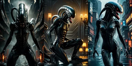 (otherworldly), highly insanely detailed, masterpiece, top quality, best quality, highres, 4k, 8k, RAW photo, (very aesthetic, beautiful and aesthetic),
__lazy-wildcards/cosplay-char/alien-predator/xenomorph/prompts__,
<lora:FemXeno:0.7>,
(1girl:1.3), eyes focus,
__lazy-wildcards/dataset/background__,âââ