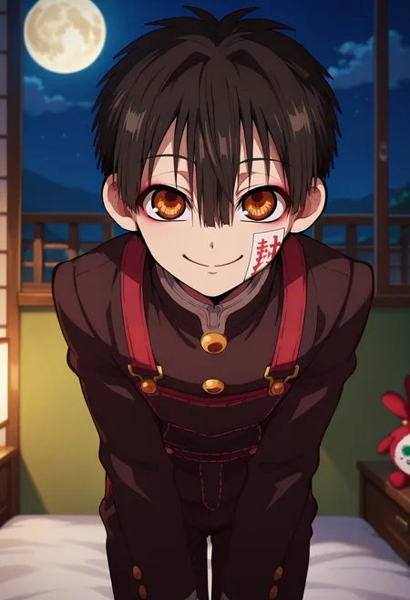 masterpiece, best quality, , (3d:0.4), looking at viewer, 1boy, solo, male focus, <lora:hanako-kun_ilxl:0.9>, hanako-kun, black hair, brown eyes, short hair, hair between eyes, bangs, , gakuran, ofuda, focused, bedroom, (plush), night, full moon, leaning forward, naughty smile, Overalls, Performance polo, , ,