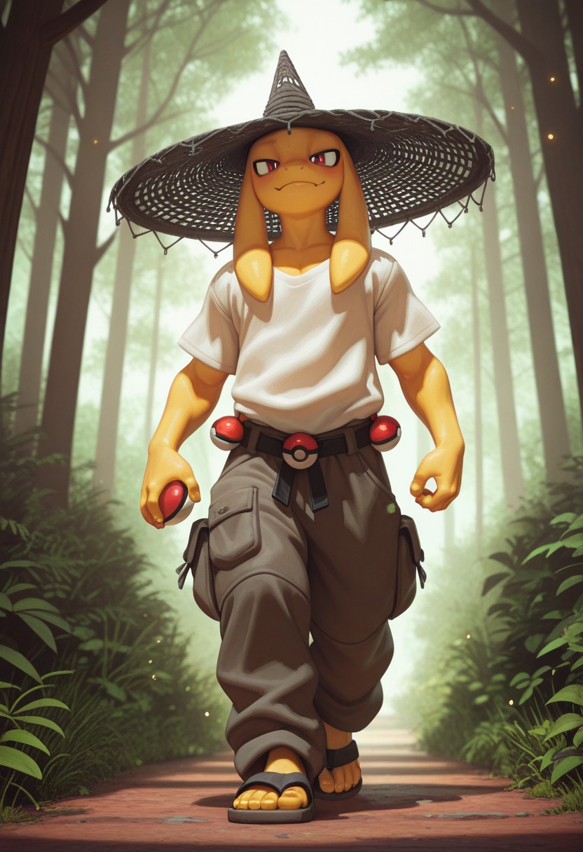 masterpiece, best quality, absurdres, highres, high quality, highly detailed, official art, gloss_(hotglossed), Hoovesart, pixelsketcher, 3d, stylized realism, (bokeh:1.1), no lineart, dense alpine forest, 
1male, human male, solo, detailed face, net hat, loose shirt, baggy lounging pants, sandals, pokeballs attached to belt, holding pokeball, walking towards viewer, soft lighting on male, rim lighting, wide hat
