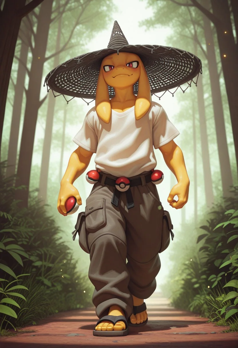 masterpiece, best quality, absurdres, highres, high quality, highly detailed, official art, gloss_(hotglossed), Hoovesart, pixelsketcher, 3d, stylized realism, (bokeh:1.1), no lineart, dense alpine forest,
1male, human male, solo, detailed face, net hat, loose shirt, baggy lounging pants, sandals, pokeballs attached to belt, holding pokeball, walking towards viewer, soft lighting on male, rim lighting, wide hat