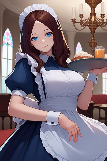 score_9, score_8_up, score_7_up, score_6_up, source_anime, 1girl, solo <lora:leocaster-pdxl-nvwls-v1-000006:1> leodv, brown hair, long hair, parted bangs, blue eyes,  large breasts, looking at you, maid headdress, maid dress, apron, looking at you, smile, holding tray, indoors, mansion, chandelier