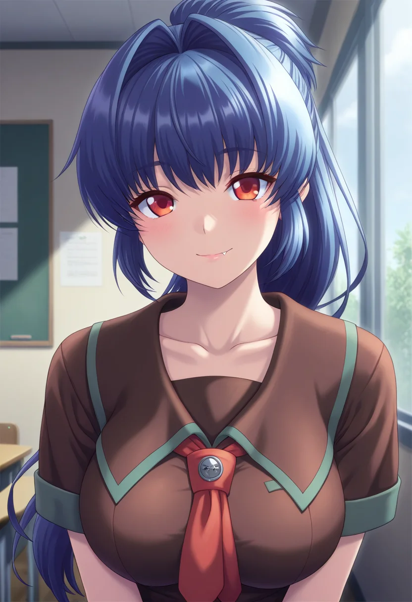 masterpiece, best quality, amazing quality, 1girl, solo, (portrait:1.2), ikumiww, red eyes, blue hair, long hair, ponytail, hair intakes, large breasts, fang, school uniform, brown serafuku, collarbone, brown shirt, short sleeves, red necktie, looking at viewer, smile, indoors, day, skindentation, detailed clothing folds, depth of field, sharp, high contrast, dynamic light <lora:Yasuda_Ikumi_Yuumei_Sakai_o_Koto_ni_Suru_ill:0.8>