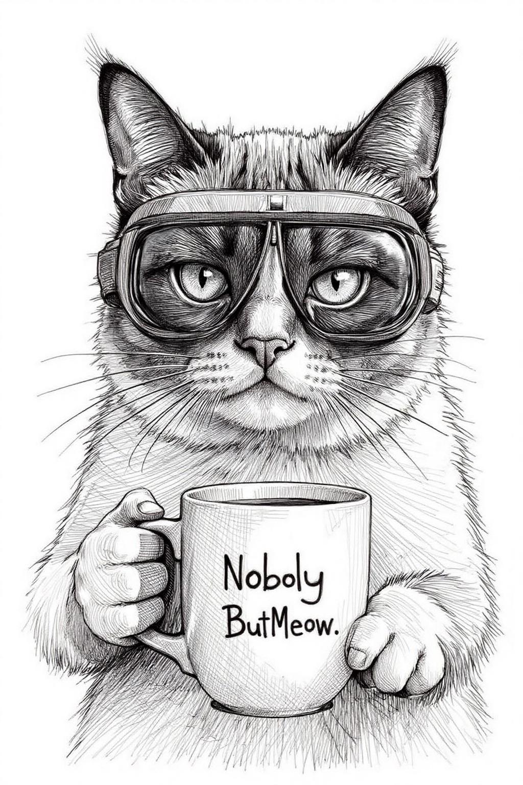 crosshatch black and white drawing.
crosshatch black and white drawing of Grumpy Cat holding a coffee mug, wearing a VR Headset. The mug has the phrase "NobodyButMeow" printed
 <lora:crosshatch2_nocap_d6a3:1.0><lora:809158567400815351:0>