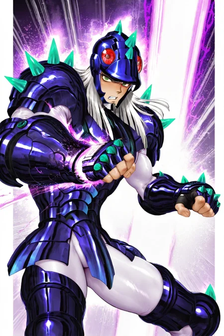 masterpiece,best quality,amazing quality, by shirow masamune, SSTHR, 1boy, male focus, toned male, medium hair, white hair, beard, green eyes, blunt cut, (phecd helmet, red eyes), teal spikes, phecd armor, fingerless gauntlets, thighhigh greaves, white bodysuit, incoming punch, purple energy
