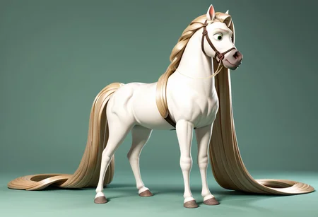 Score_9, score_8_up, score_7_up, original style, 3d disney anime, Maximus the white horse, solo, (A full body image of a horse with endlessly long white Rapunzel-Style hair), (absurdly long white Rapunzel-Style hair:1.4), (meters of hair without end:1.2)