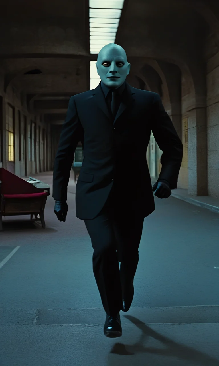 <lora:Fantomas_SDXL:0.8> fantomas, best quality, best resolution, extremely detailed, detailed face, detailed eyes, masterpiece, crisp focus, 4k
a blue-skinned villain with a sinister aura, sprinting through an abandoned train station at night, wearing a sleek black suit, illuminated by dim and flickering fluorescent lights, intense expression, dynamic and cinematic action pose, noir aesthetic