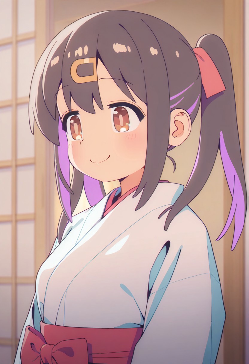 masterpiece,best quality,amazing quality, oyama mihari, hair ornament, hairclip, dark brown hair, brown eyes, purple pigtails, 1girl, solo, twintails, smile, japanese clothes, kimono,  closed mouth