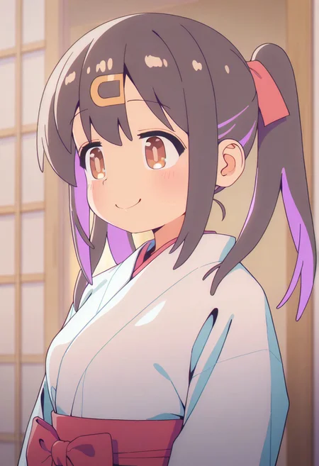 masterpiece,best quality,amazing quality, oyama mihari, hair ornament, hairclip, dark brown hair, brown eyes, purple pigtails, 1girl, solo, twintails, smile, japanese clothes, kimono,  closed mouth
