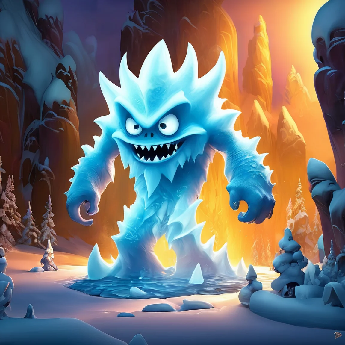 ice_art,ice,<lora:ice_art:1>, cartoon monster, cute, big eyes, big mouth, art by gediminas pranckevicius and Alexander Jansson, pixar, centered, dramatic lighting, glowing light, simple solid background, no background, detailed face, cinematic, illustration, no gradient, trending on a