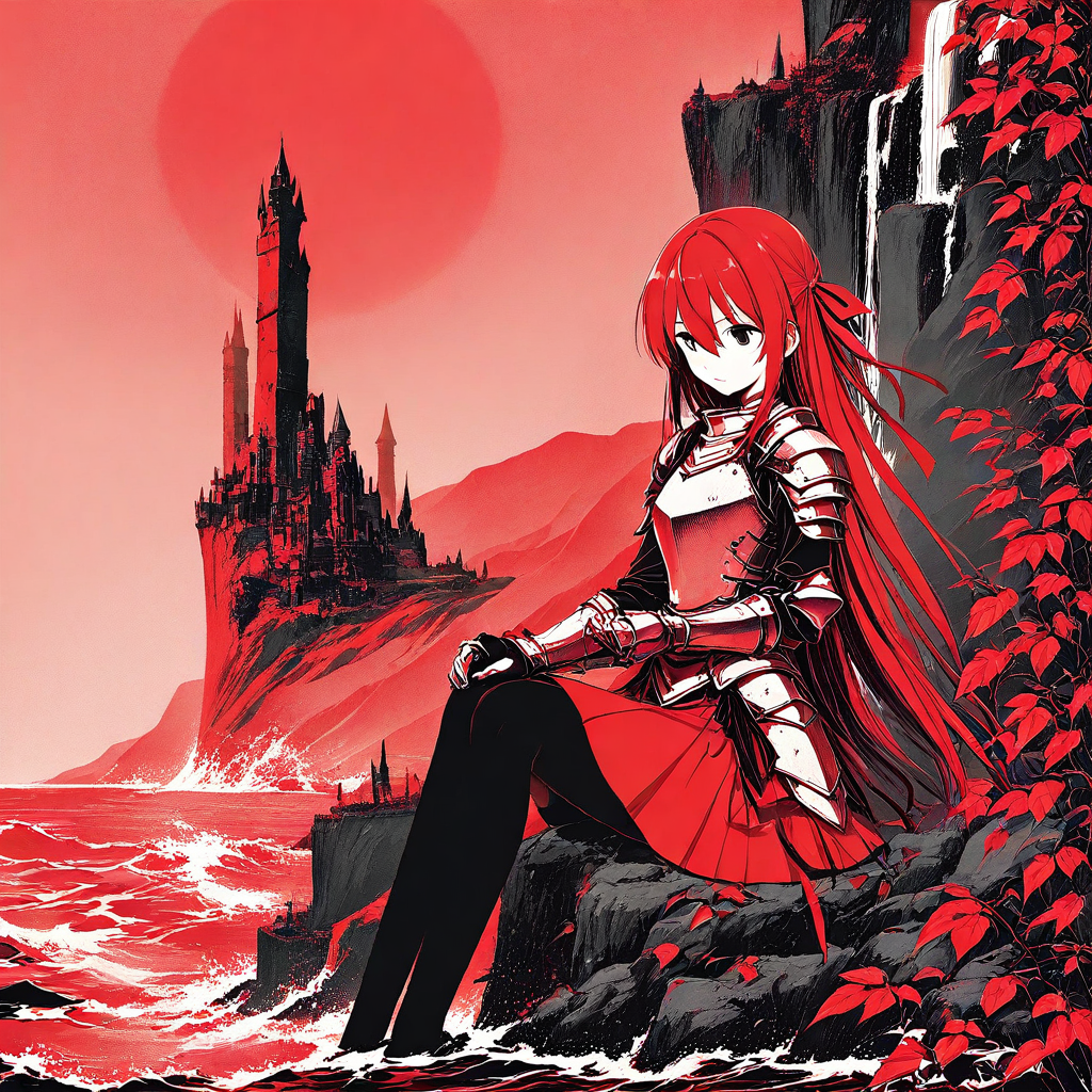 tank, castle, red skirt, armor, ribbon, closed mouth, hair between eyes, pantyhose, simple background, red theme, hair ribbon, sitting, long sleeves, ocean, leaf, waterfall