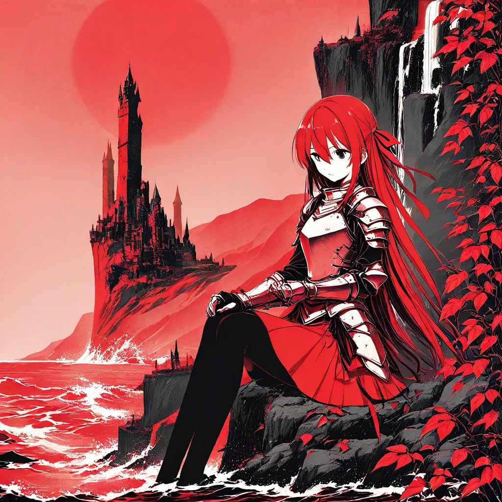 tank, castle, red skirt, armor, ribbon, closed mouth, hair between eyes, pantyhose, simple background, red theme, hair ribbon, sitting, long sleeves, ocean, leaf, waterfall