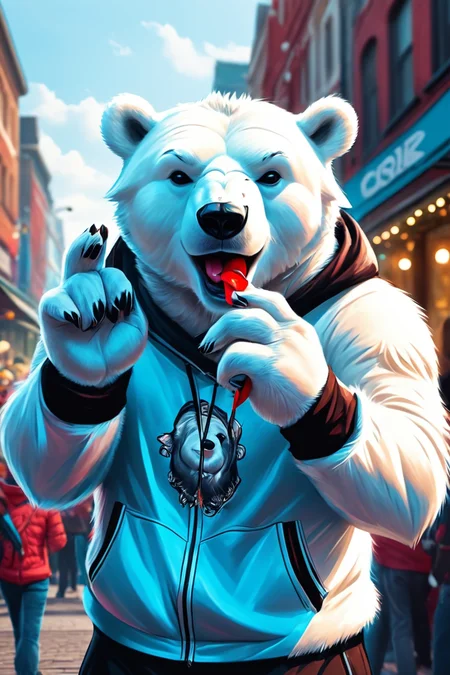 Detailed digital illustration of an anthro Polar bear (Blowing a kiss, sweet gesture) at a Augmented reality street performers entertaining crowds, <lora:xl_more_art-full_v1:0.5>,  <lora:anthro_muscular:0.7>,  <lora:MJ52:0.6>, <lora:madpunk:0.4> madpunk