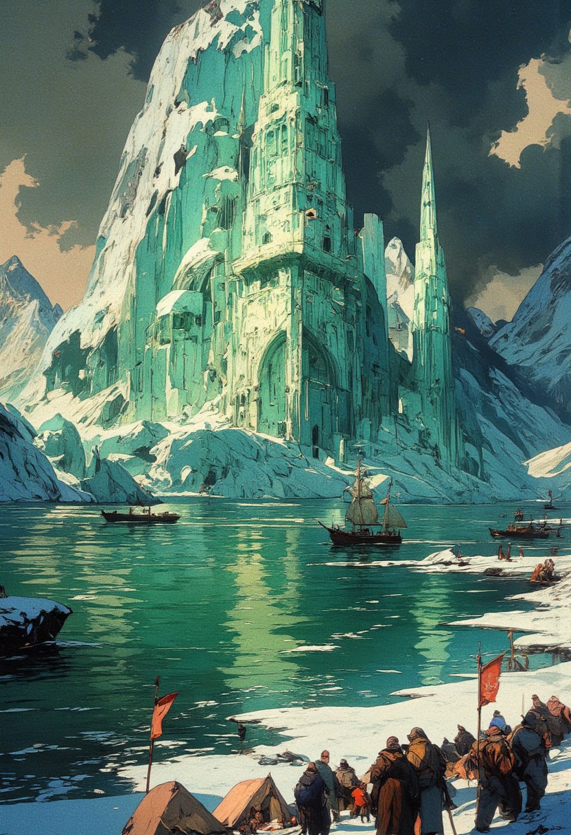 A breathtaking, ancient city built upon massive ice formations, glowing softly under an overcast sky. Towering spires and grand structures rise from the frozen landscape, sculpted entirely from translucent ice and adorned with intricate carvings. The city's central tower, crowned by a majestic ice-carved bird with outstretched wings, stands as a beacon of mystery and grandeur. In the foreground, a vast emerald-green glacial river reflects the icy citadel’s light. Boats of various sizes, from small rowboats to grand sailing vessels, navigate the waters, carrying travelers, merchants, and explorers dressed in warm, fur-lined cloaks. The surrounding landscape is composed of towering ice cliffs with deep green and white hues, adding a sense of scale and isolation. A group of people gathers at the frozen shore, setting up tents and flags, suggesting an expedition or a long-lost civilization rediscovered. Dark storm clouds gather in the distance, hinting at an approaching tempest, contrasting against the serene and ethereal glow of the ice city. The atmosphere is both mystical and foreboding, capturing the awe-inspiring beauty of a forgotten arctic kingdom. 
,  anime, cyberpunk