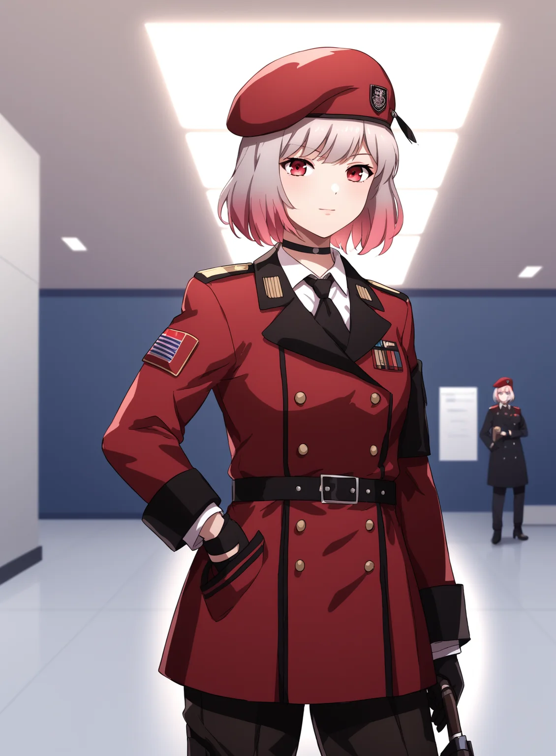 <lora:Gentiane_Girls_FrontlinePONY:1> gentiane, gradient hair, pink and white hair, multicolored hair, short hair, bangs, red eyes, red military uniform, long coat, beret with pin, choker, choker with pendent, griffin & kryuger military uniform, black gloves, black pants, boots, office building, score_9, score_8_up, score_7_up, masterpiece, high quality, 8K
