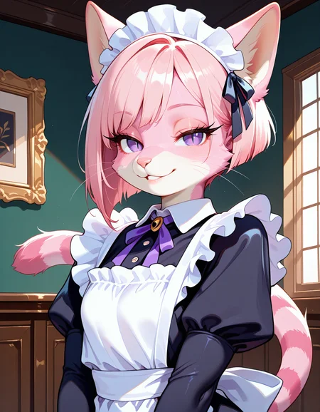 masterpiece, best quality, very aesthetic, absurdres,
indoors, maid,
upper body, posing,
seductive smile, parted lips, long eyelashes,
<lora:CiviChan_v01_NAIXL:1>
CiviChan,1girl,solo,furry,furry female,cat girl,cat ears,short hair,pink hair,purple eyes,slit pupils,snout,animal nose,whiskers,body fur,striped tail,