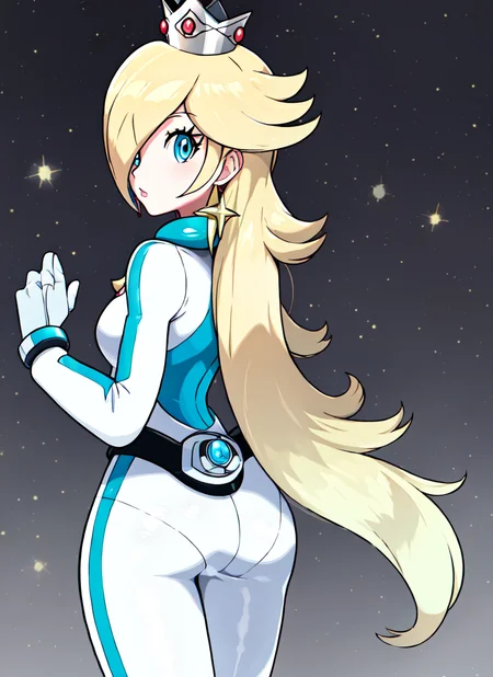 masterpiece, best quality, generation 6, 1girl, solo, rosalina, bikesuit, crown, from behind, looking back, standing, upper body, white background <lora:Rosalina (Mario):0.85> <lora:Pokemon (Style):1>