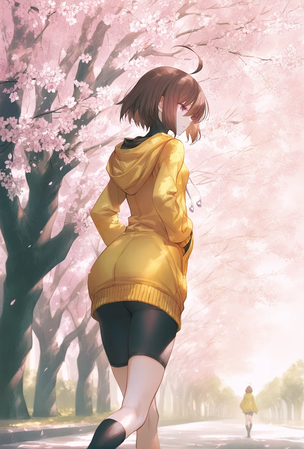 artist:gomzi,artist:wanke,artist:diyokama, rei_(sanbonzakura),[[artist:fuzichoco]],year 2023,
1girl, solo, linne \(under night in-birth\), brown eyes, brown hair, short hair, ahoge, yellow jacket, hooded jacket, short jumpsuit, black legware,
sakura, sakura tree, looking behind, park, walking,
<lora:uni_femaleplayables.naixl1-000008:1>