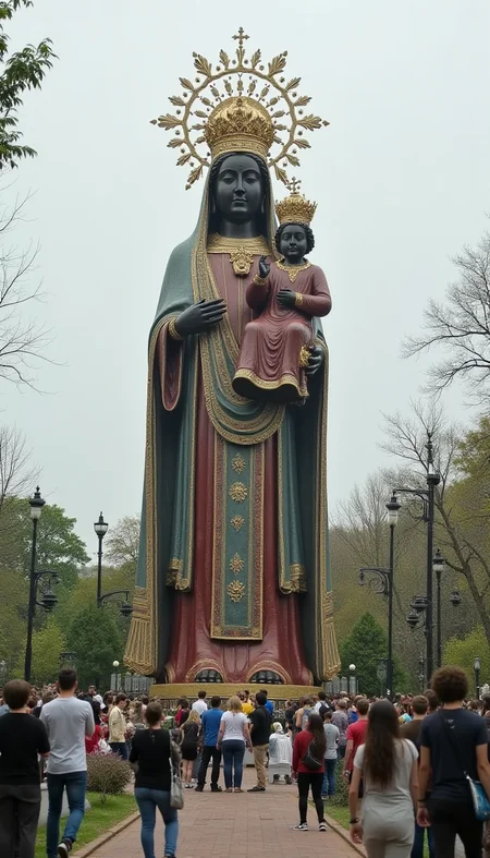 Reminiscent of a giant buddha statue, a giant statue of the @blckmdnna1 madonna and child with people circumnavigating it and standing around looking at it
<lora:blackmadonna.v1.@blckmdnna1.style.flux1d_epoch_7:0.6>