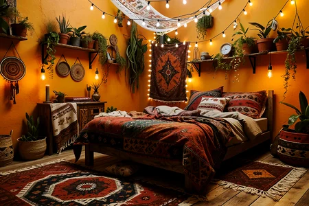 no humans,no animals,A private snapshot of a Bohemian Retreat Bedroom, a relaxed bohemian retreat bedroom with an eclectic mix of furniture, vibrant textiles, and a cozy bed with plenty of cushions and throws. The room features a mix of patterns, hanging plants, and soft lighting that creates a cozy and artistic atmosphere.,, Masterpiece,best quality,realistic,HDR, 8K, masterpiece, best_quality, absurdres, ultra-detailed, highly_aesthetic, depth_of_field
