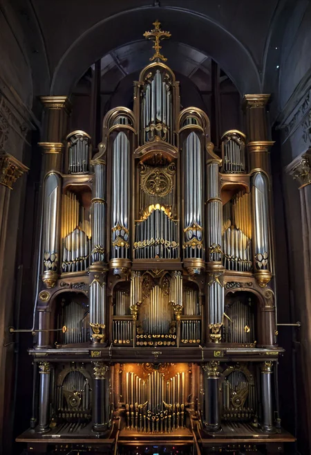 Closeup, Nighttime Photograph of a (qu4ntum style)(pipe-organ in a run down building), covered in (silver and gold metallic pipes) with (neon glowing keys), hyperrealistic, masterpiece, glowing, Ultraviolet lighting Style