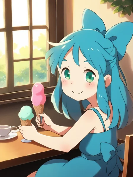score_9, score_8_up, score_7_up, 1girl, long hair, hair bow, cowboy shot, sitting on a restaurant, big window, holding a ice cream, looking at viewer, light smile, nostalgic vibe, green eyes, blue dress, bare shoulders, female child, front, dynamic angle, very cute, from above, table, solo, from side,
<lora:StudioColorido_Style:1>StudioColorido,