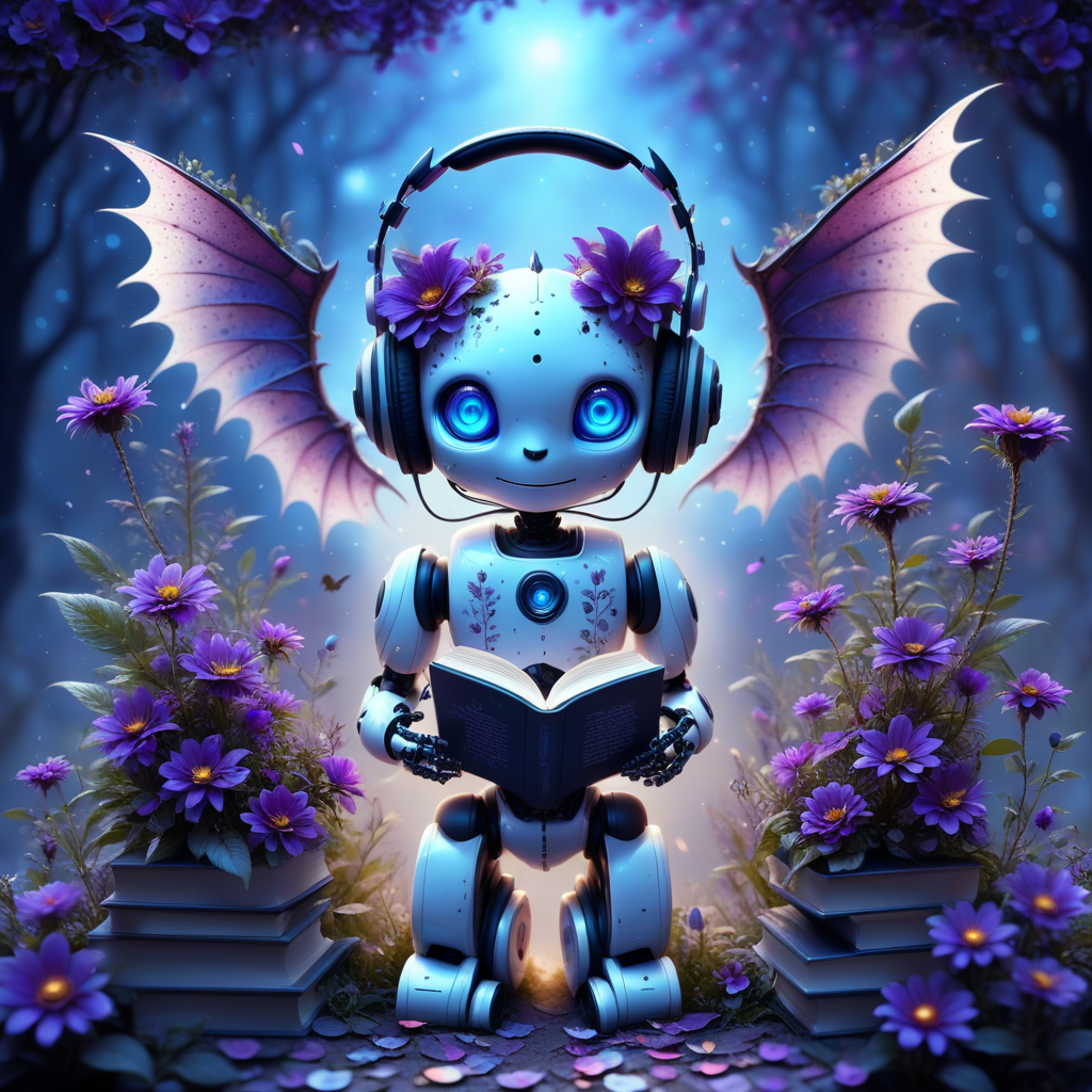 manuka robot, nature, blue eyes, depth of field, petals, freckles, book, plant, headphones, demon wings, purple flower, straight-on, solo, halo, night, flower, bat wings, standing, open hands
