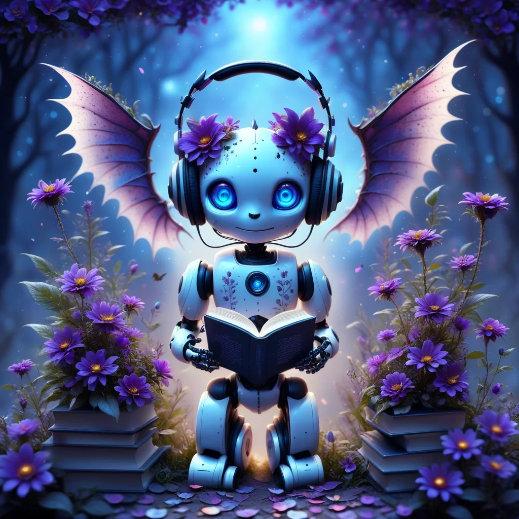 manuka robot, nature, blue eyes, depth of field, petals, freckles, book, plant, headphones, demon wings, purple flower, straight-on, solo, halo, night, flower, bat wings, standing, open hands