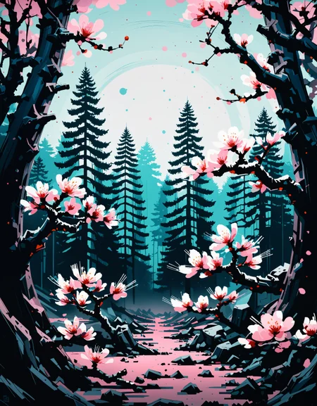 zavy-ngtvpnt, negative space, minimalism, painting, landscape of a Sci-fi Ponderosa Pine Forest from inside of a Cherry blossom garden, Ultrarealistic, Biopunk Art, natural lighting, Ektachrome, handsome, set logical ambient background, cool colors, professional fine composition, quality
