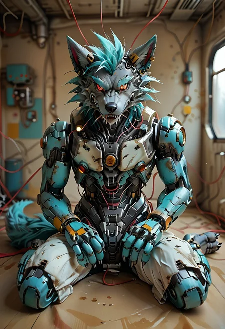 (((Barefoot furry character, full body, cinematic setting, furry male, plantigrade)))
(((Gilliam))), wolf boy, white pajama, ((wired, hijacked, hacked, corrupted, reprogrammed, brainwashed, mindwiped, )), sitting, spread legs, m pose, nice metalic feet paws,((nice robotic feet paws)), three toes, claws, pawpad, determined look, (((restrained))), tilted head, drooling
BREAK
(((gilliam wolf, evil eye, sharp, red fluff tail, cyan hair, robot, cybernetic wolf, metallic))),
BREAK, intricate details, highly detailed, extreme detail, octane render, fine art, best quality, highres, (detailed face:1.5), ((full_body)), UHD, (((perfect hands))), low light
