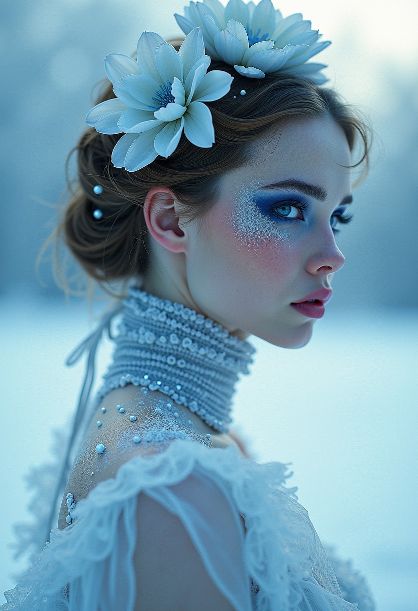 Ultra realistic portrait , By Eric Lacombe By Patrice Murciano Frostpunk Fashion Photography, white glacial blue, minimalism, smoked eye shadow, illuminated white bulging biomorphic dot pattern, glacial landscape, glacial flowers, bokeh snowflakes, volumetric particle dust, powdered paint pigment, vivid color, misty aether houte - couture rococo glacial clothing, holga medium format camera, etherial lighting, backlighting, in the style of, professional ominous concept art, by artgerm and greg rutkowski, an intricate, elegant, highly detailed digital painting, concept art, smooth, sharp focus, illustration, in the style of simon stalenhag, wayne barlowe, and igor kieryluk.