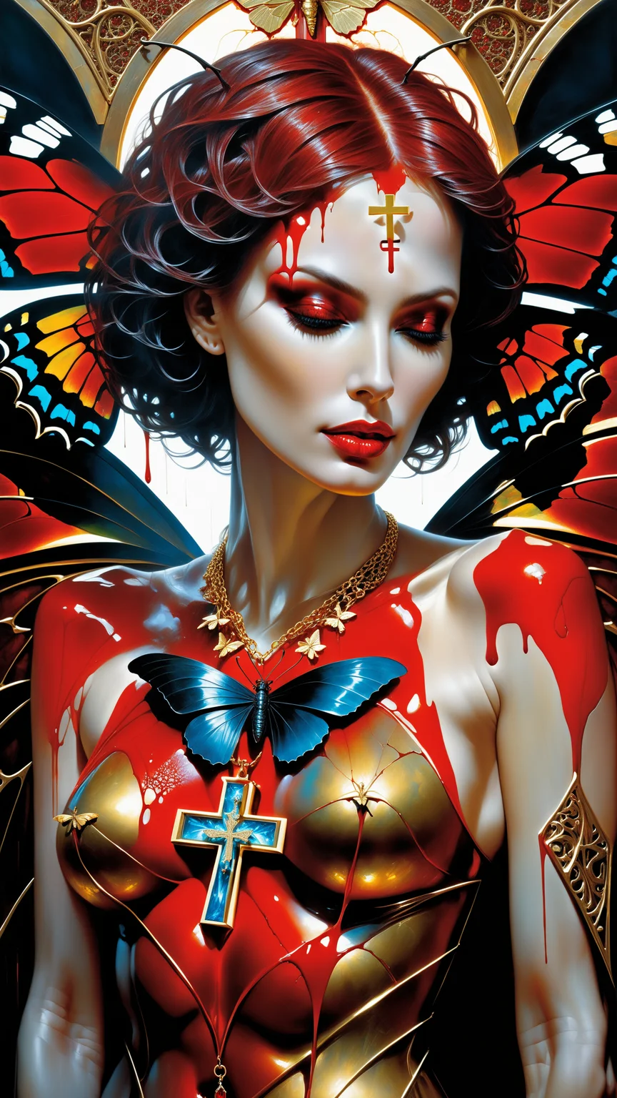 8k portrait of beautiful cyborg with brown hair, intricate, elegant, highly detailed, majestic, digital photography, art by artgerm and ruan jia and greg rutkowski surreal painting gold butterfly filigree, broken glass, (masterpiece, sidelighting, finely detailed beautiful eyes: 1.2), hdr, red bloody veins growing and intertwining out of the darkness, oozing thick red blood, veins growing and pumping blood, vascular networks growing, connecting, explanding, red veins everywhere, zdzislaw beksinski, (by ruaidri, Michael & Inessa Garmash, Ruan Jia, Pino Daeni), <lora:xl_yamer_style-1.0:1>, impasto impressionism, detailed face, (short hair), detailed face, detailed eyes, smile, jewelry, necklace, ((topless)), yellow eyes, ((full body)), looking at viewer, (Muted colors:1.1), (Repetition:1.1), (Cross-hatching:1.1), (Infrared:1.2), Toxic substance, ultra detailed, intricate, oil on canvas, ((dry brush, ultra sharp)), (surrealism:1.1), (disturbing:1.1), beksinski style painting, sparks, backlighting, Bracelet, RTX, Post Processing, satanic cross
