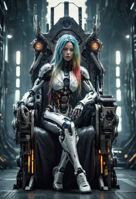((CYBORG female, full body)), ((long hair, gradient colored hair, human face, sitting on an ancient granit throne, sensual pose)), full body, Dark Fantasy page, unrealistic, BadDream, OverallDetail, cp2077