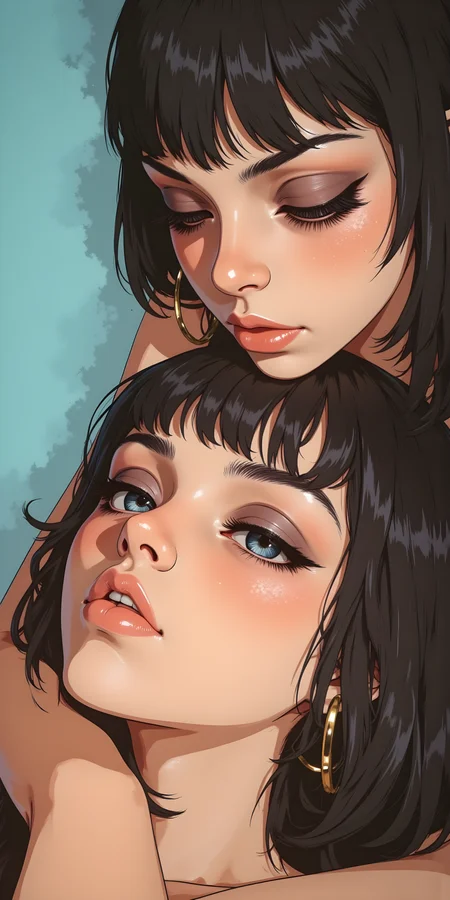 Striking and intimate illustration of two individuals in a close embrace. The person on the left has long, dark hair with bangs that partially cover their forehead, adding to the overall style. Their expression is serene and peaceful, with their eyes closed and a slight smile on their lips.
The person on the right has short, wavy hair that falls loosely around their shoulders. They are wearing large hoop earrings, which add a touch of detail and character to their look. Their expression is neutral, with a slight hint of intensity or contemplation.
The background is a soft, light blue color, which helps to draw attention to the subjects and enhances the overall mood of the image. The lighting is soft and even, highlighting the texture of the individuals' skin and the details of their hair.
Overall, this illustration captures a moment of quiet beauty and connection, with the combination of the individuals' attire, the soft lighting, and the close proximity creating a visually engaging and emotionally resonant scene. The use of color and composition adds depth and character to the artwork, making it a powerful and memorable piece.
j_art, anime, anime art, <lora:FLUX\jul\J_Anime:1.0>, <lora:FLUX\Anime Art V3:0.1>, <lora:FLUX\RM_Artistify_v1.0M:0.1>, <lora:FLUX\RetroAnimeS1.1:0.1>