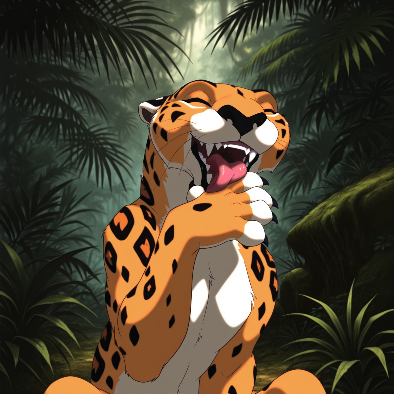 8k, uncensored, masterpiece, best quality, highly detailed, realistic, 1girl, solo, SaborTZ, furry, feral, feline, leopard, black nose, whiskers, orange body, orange fur, white body, white fur, two tone body, two tone fur, black spots, spotted body, upper body, smile, open mouth, teeth,  (looking at viewer, sitting, jungle, afternoon, grass, detailed background, front view, close-up, (5 fingers, black claws, dark-brown paw pads), tongue out, licking own paw, licking own hand, eyes closed