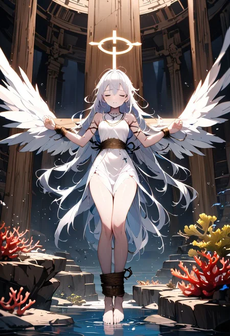 CROSS_T, Crucifixion, Arms Spread, Legs Together, OverallDetailXL, (masterpiece:1.2), (best quality), 8K wallpaper, (highres), (ultra detailed:1.2), sharp lines, 1 girl, solo, full body, anime style, (holy:1.2), (sacred:1.1), (religious:1.1), (angelic:1.1), (underwater:1.2), (deep sea:1.1), (temple:1.1), (long hair:1.1), white hair, white dress, (white wings:1.2), (golden halo:1.1), (cross:1.3), (light:1.2), (sunlight:1.1), (golden glow:1.1), (blue eyes:1.1), (closed eyes:1.1), (pale skin:1.1), (peaceful:1.2), (serene:1.1), (tranquil:1.1), (bound:1.3), (tied:1.1), (hands tied:1.2), (feet tied:1.1), (coral:1.2), (seaweed:1.1), (ancient ruins:1.1), (sunken city:1.1), (bioluminescent:1.1), (glowing fish:1.1), (deep sea creatures:1.1), (dark blue:1.2), (deep blue:1.1), (shadow:1.2), (gloomy:1.1), (dramatic:1.2), (detailed background:1.2), (realistic lighting:1.1), (atmospheric:1.2), (dramatic lighting:1.1), (soft shadows:1.1), (light rays:1.1),